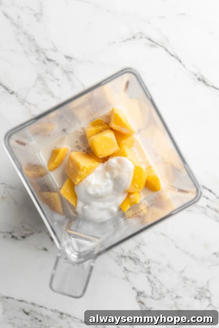 Overhead view of ingredients for mango smoothie in blender