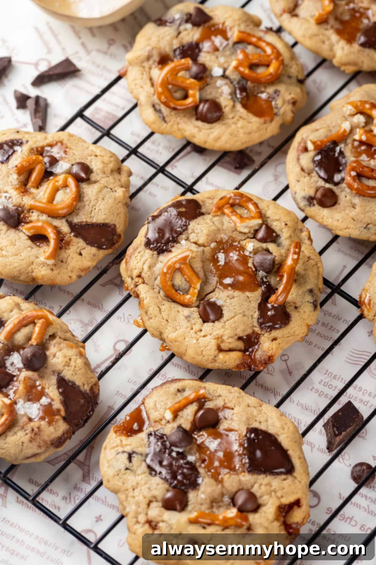 With an irresistible mix of chocolate, caramel and crispy pretzels, these kitchen sink cookies are easy to whip up and even easier to devour! Wire cooling rack laden with perfectly baked vegan kitchen sink cookies, showcasing their golden hue and diverse toppings.