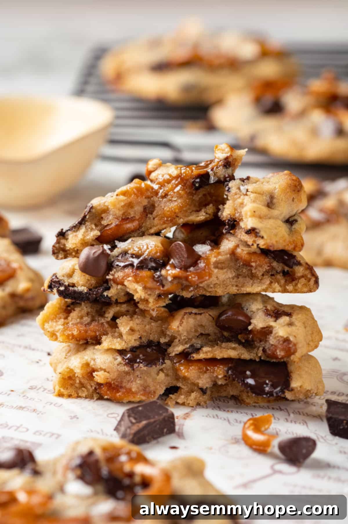With an irresistible mix of chocolate, caramel and crispy pretzels, these kitchen sink cookies are easy to whip up and even easier to devour! Stack of vegan kitchen sink cookies, with one broken in half to reveal its chewy, ingredient-filled interior.