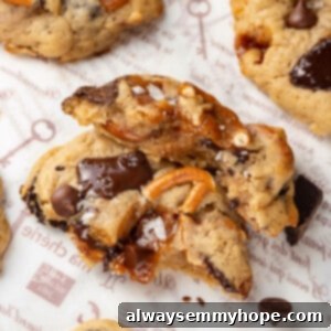 Treasure Trove Cookies 2 Two halves of vegan kitchen sink cookies stacked with additional cookies in background