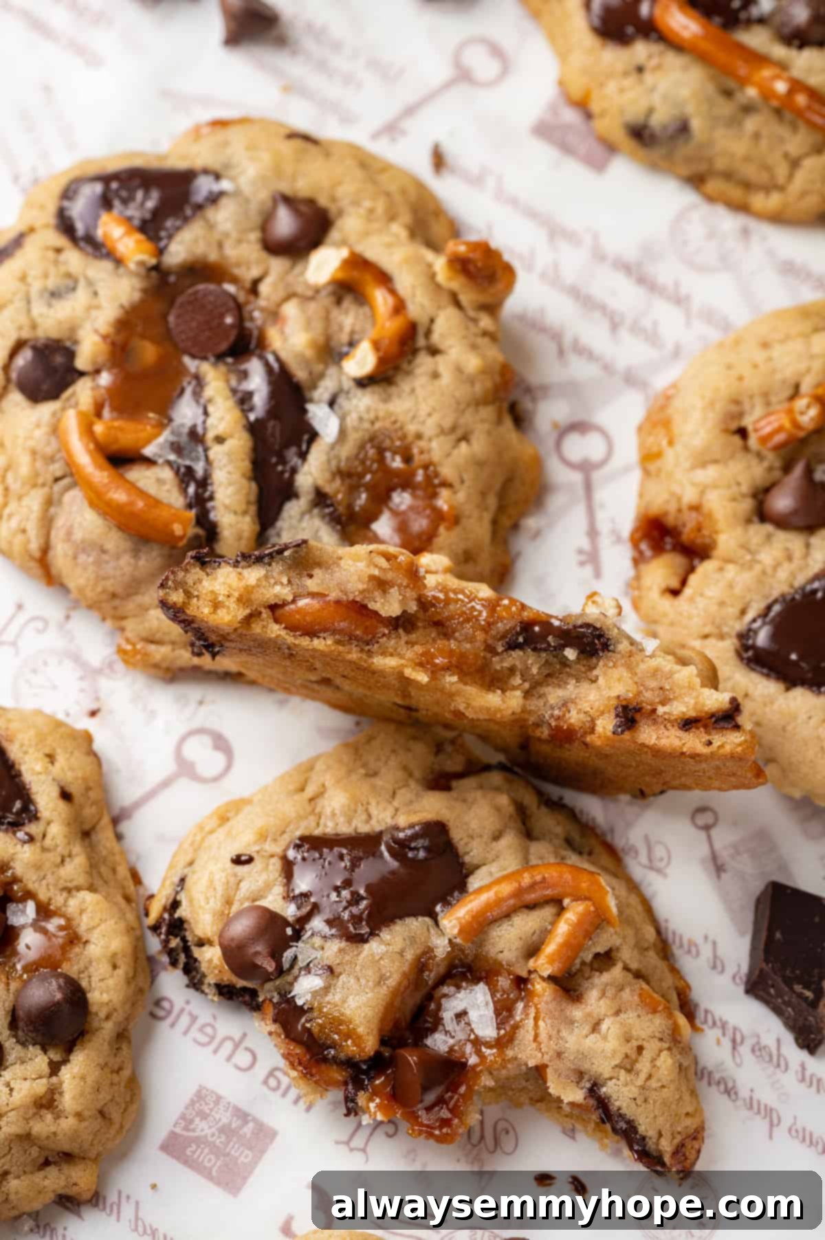 With an irresistible mix of chocolate, caramel and crispy pretzels, these kitchen sink cookies are easy to whip up and even easier to devour! Two halves of freshly baked vegan kitchen sink cookies stacked, revealing their rich, varied interior with more cookies blurred in the background.