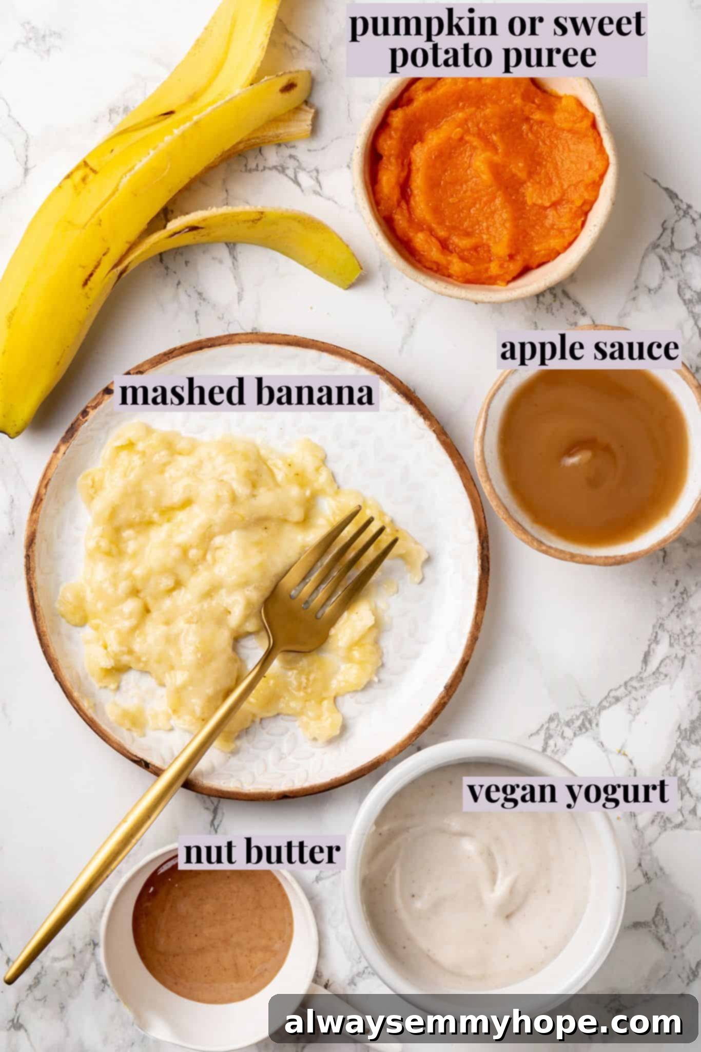 Top Vegan Egg Replacements for Baking: Bananas, Pumpkin, and Applesauce Overhead view of common vegan egg substitutes for baking, including bowls of mashed banana, pumpkin puree, and applesauce, neatly arranged.