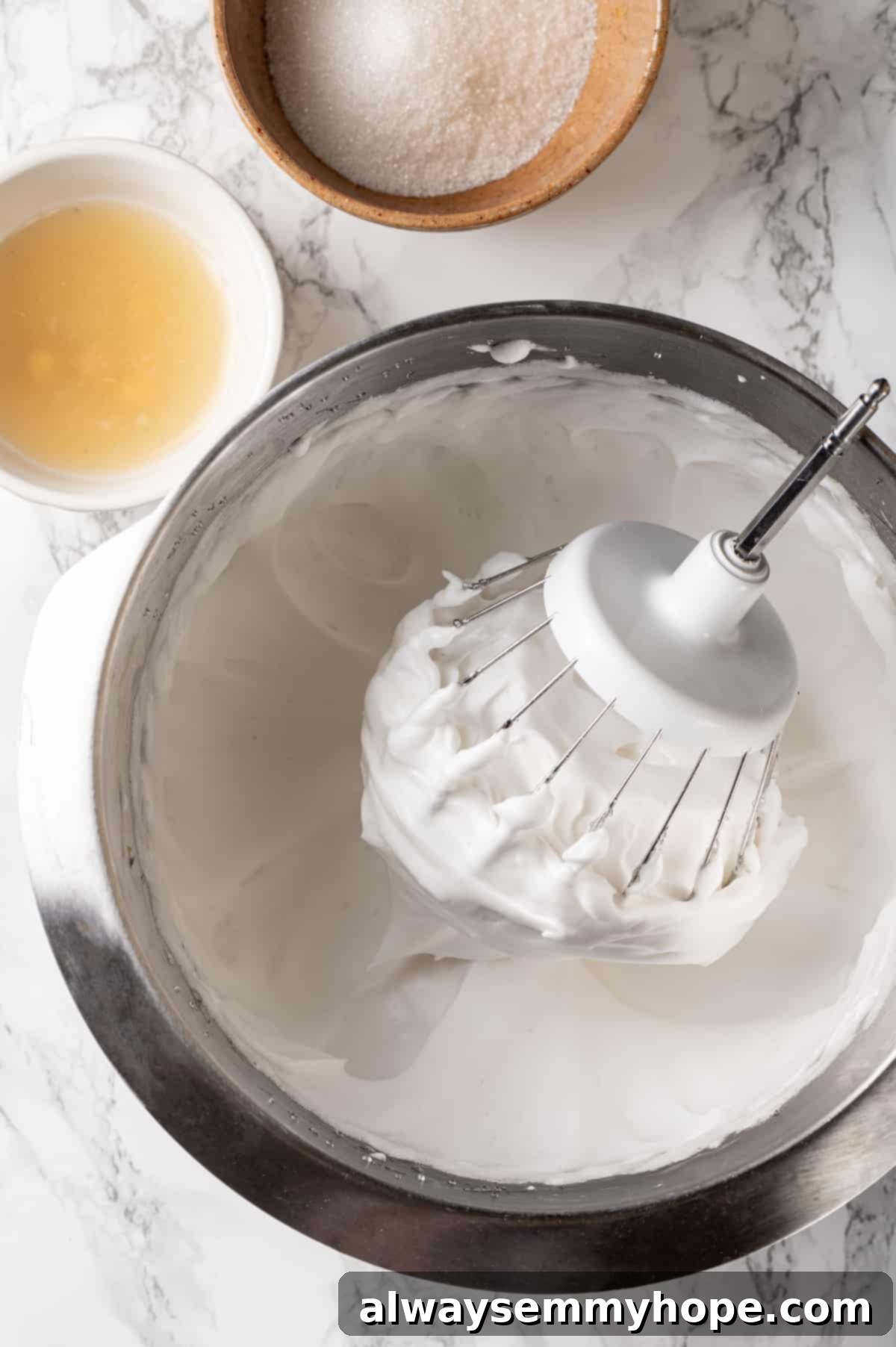 Aquafaba: The Miracle Vegan Egg White Substitute for Foamy Delights A whisk attachment in a mixer bowl containing whipped aquafaba, ready to be used as a vegan egg substitute.