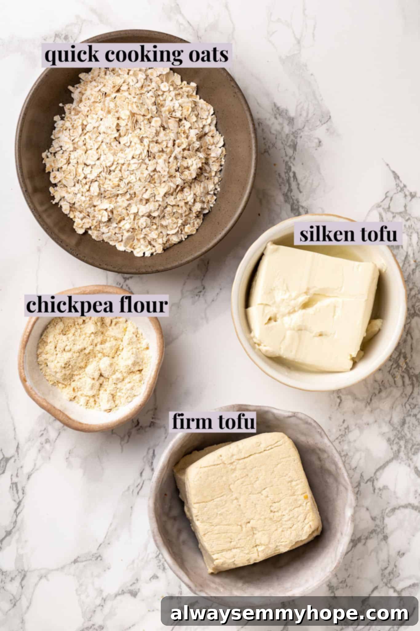 Savory Vegan Egg Alternatives: Tofu, Chickpea Flour, and More An assortment of vegan egg substitutes for savory dishes, including fresh eggs for comparison, firm tofu, silken tofu, and chickpea flour.