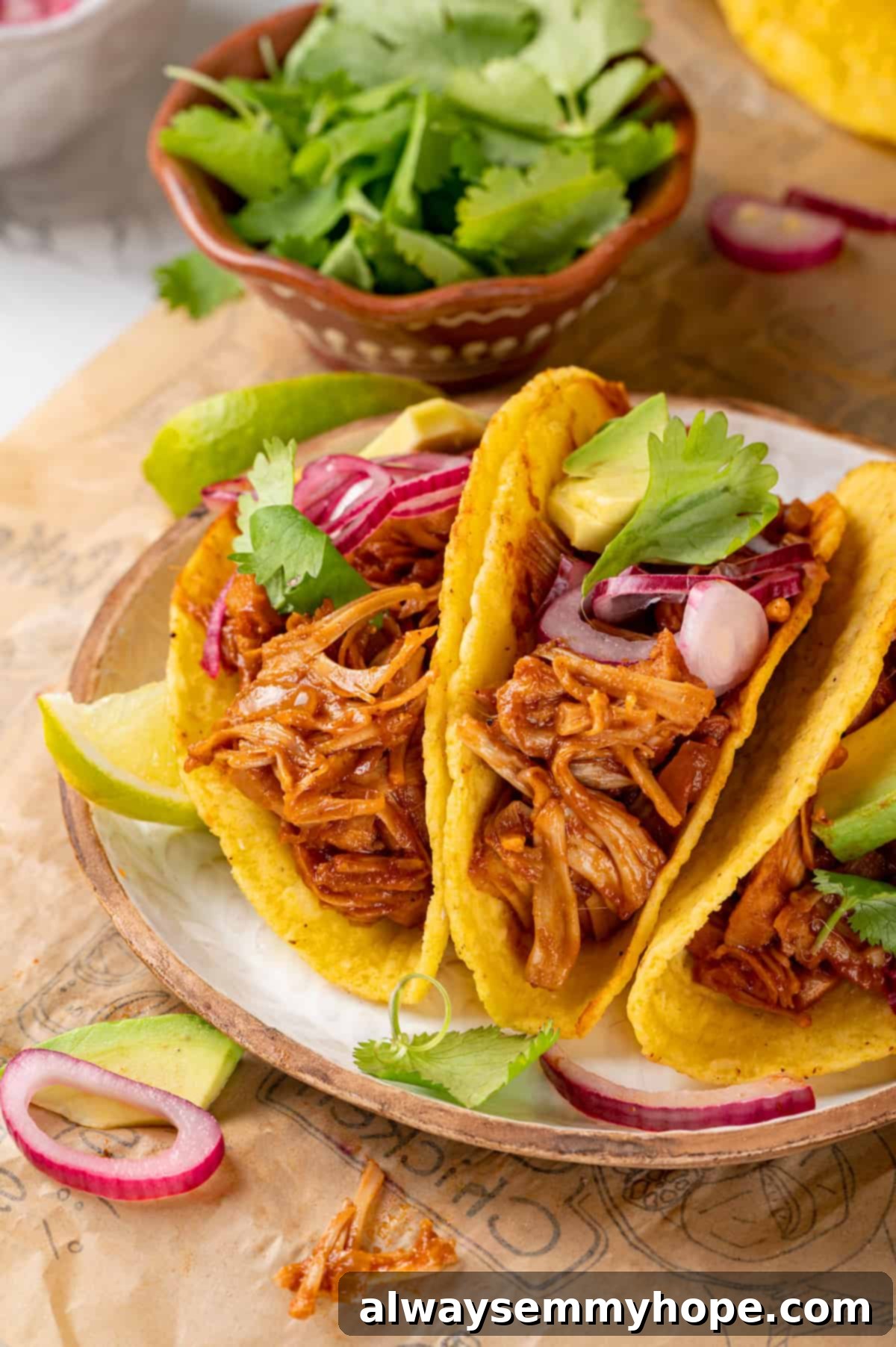 3 jackfruit tacos on plate with bowl of cilantro in background