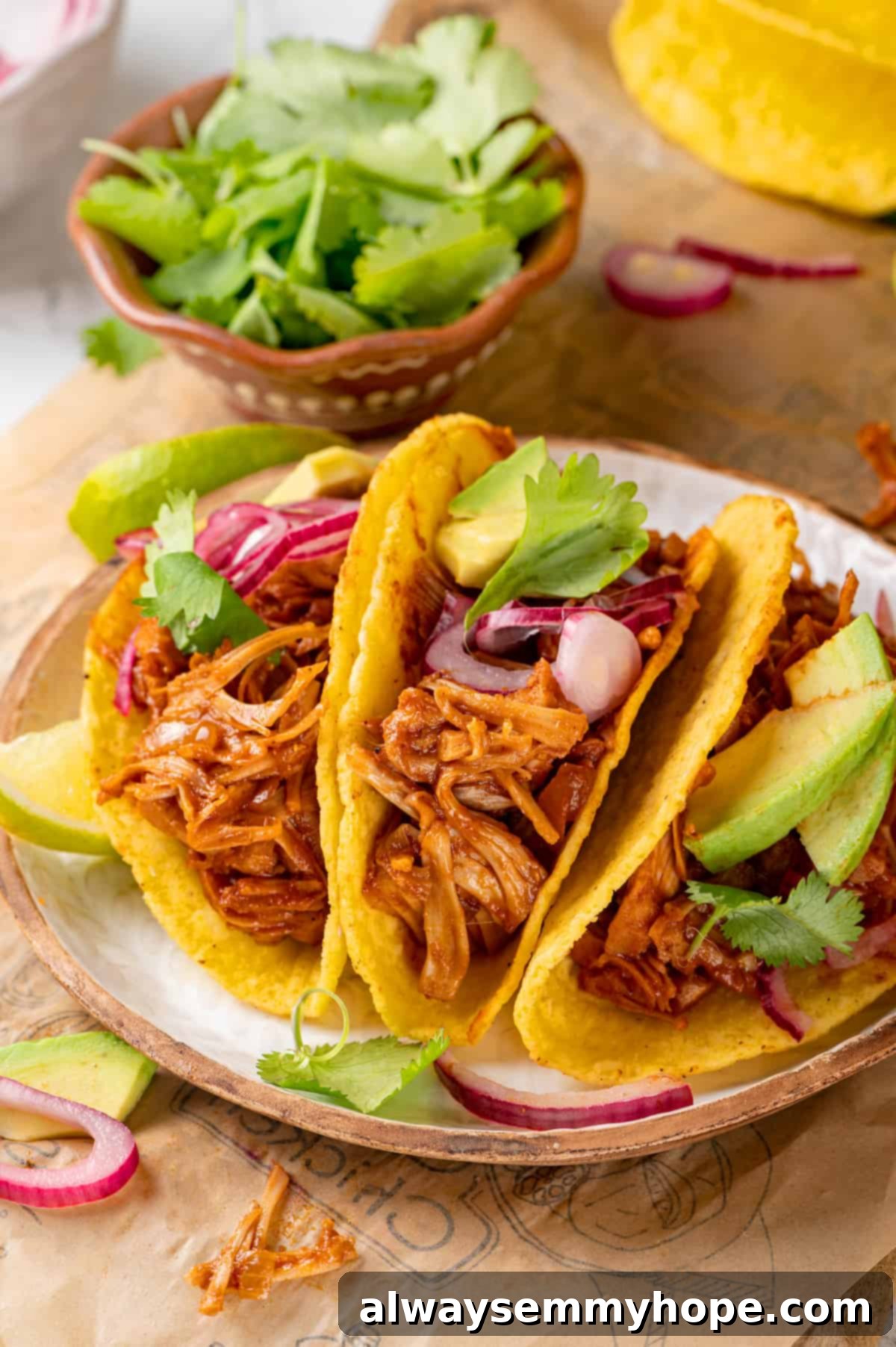3 jackfruit tacos on plate with pickled onions, cilantro, and avocado