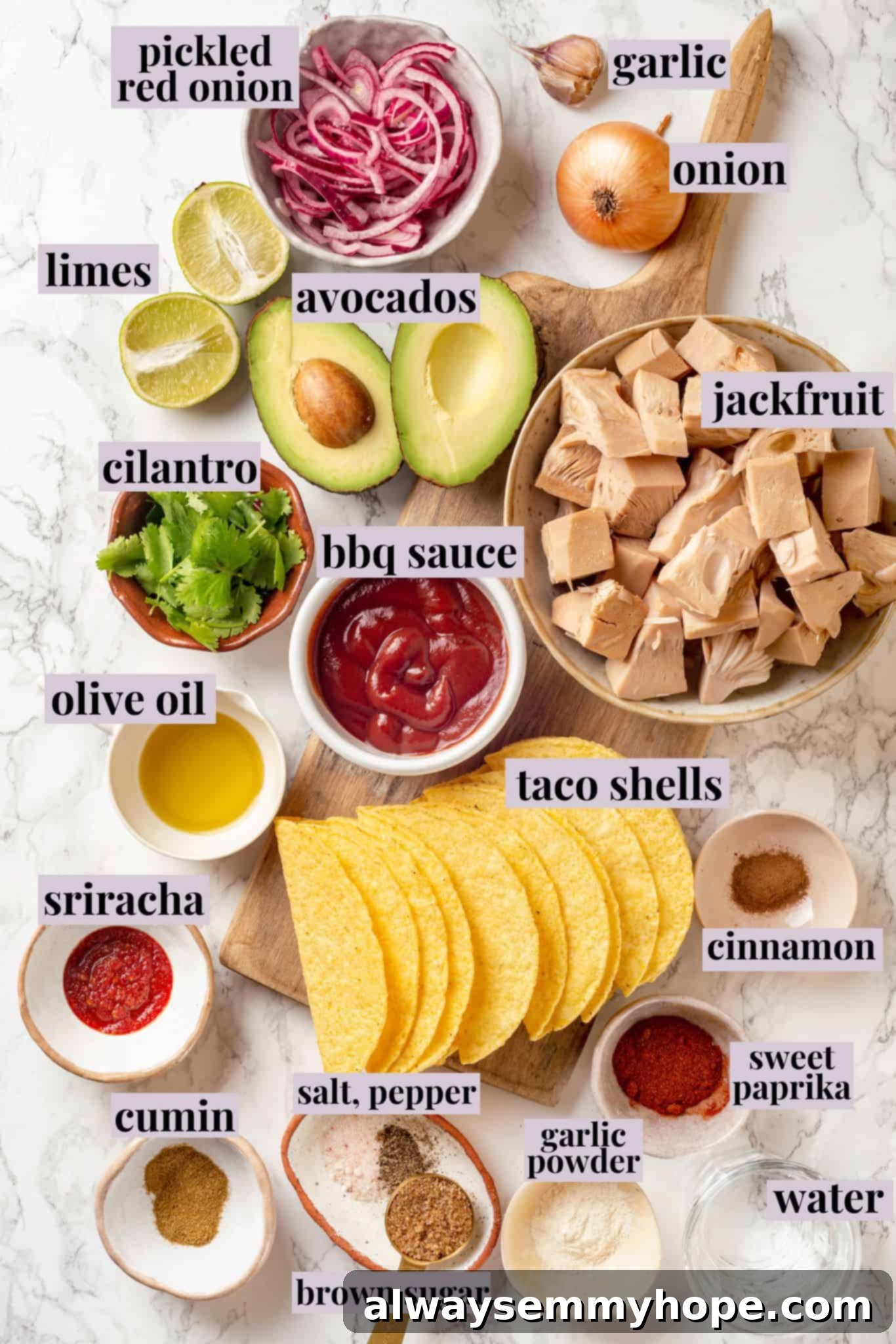 Overhead view of ingredients for jackfruit tacos with labels