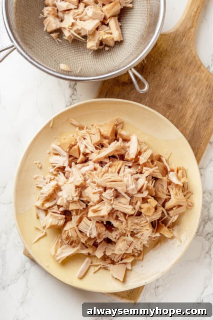 Overhead view of shredded jackfruit on plate and in colander