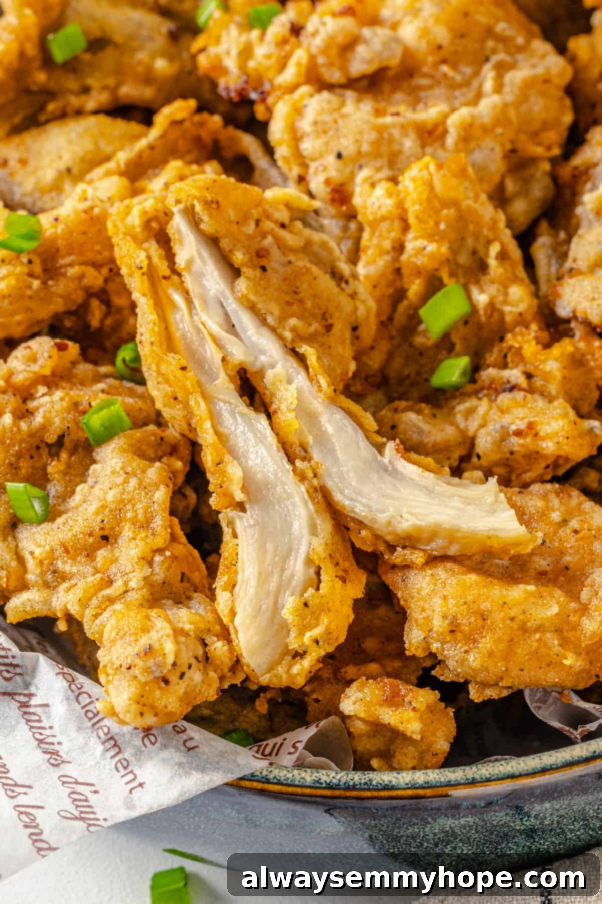 The irresistible texture of oyster mushroom vegan fried chicken. A close-up of a piece of vegan fried chicken cut open, clearly showing the cooked oyster mushroom interior and the crispy golden-brown coating.