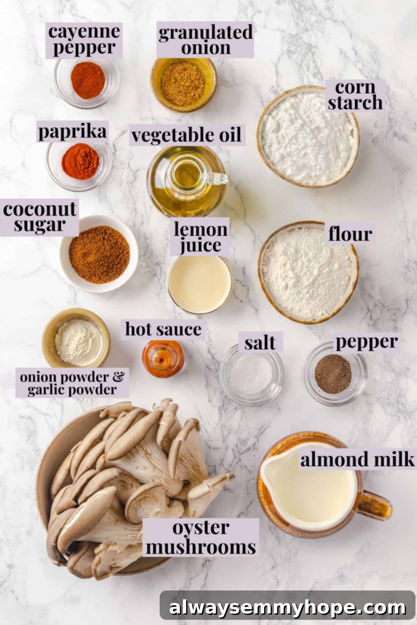 All the key ingredients you'll need to create this crispy and delicious vegan fried chicken, including oyster mushrooms. Overhead view of all the main ingredients laid out for making vegan fried chicken, each with a clear label.