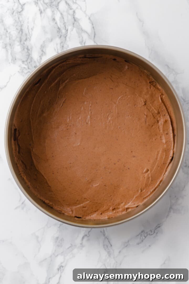 Overhead view of chocolate cheesecake layer in pan