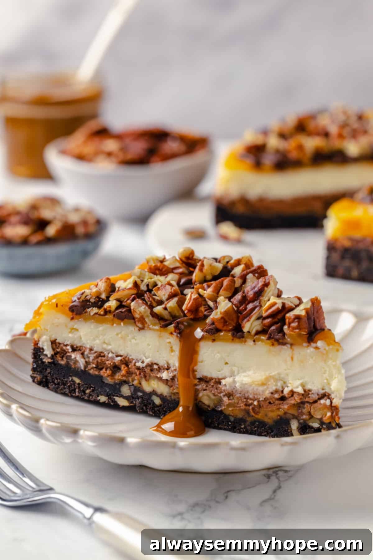 Side view of turtle cheesecake on plate