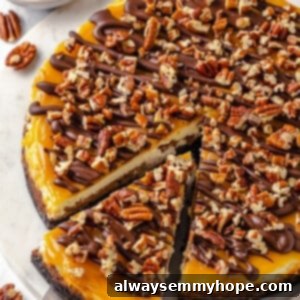 Top down view of turtle cheesecake on platter with slice being pulled away