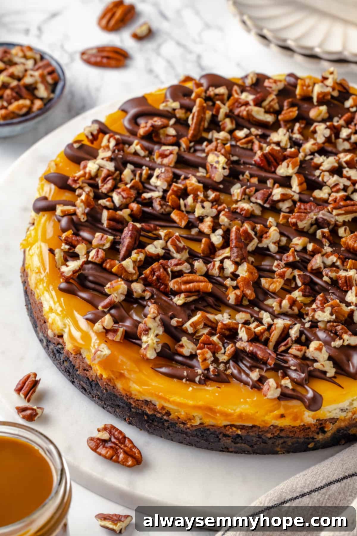 Whole turtle cheesecake on platter