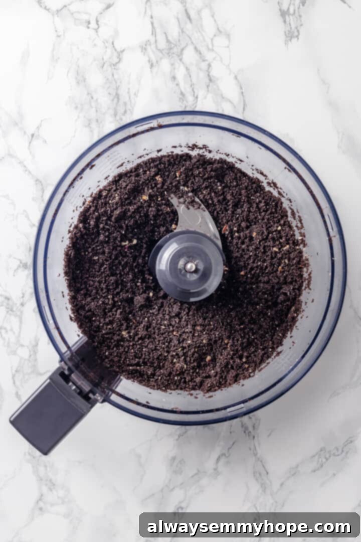 Overhead view of Oreo and pecan crumbs in food processor