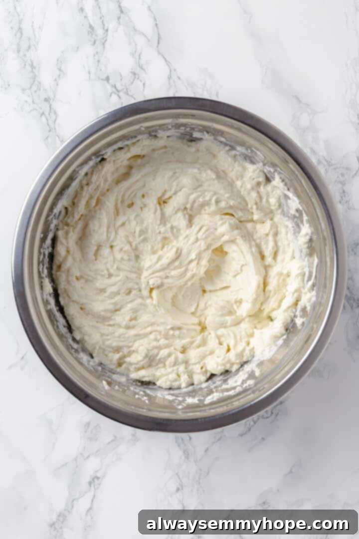 Overhead view of vegan cheesecake mixture in large mixing bowl