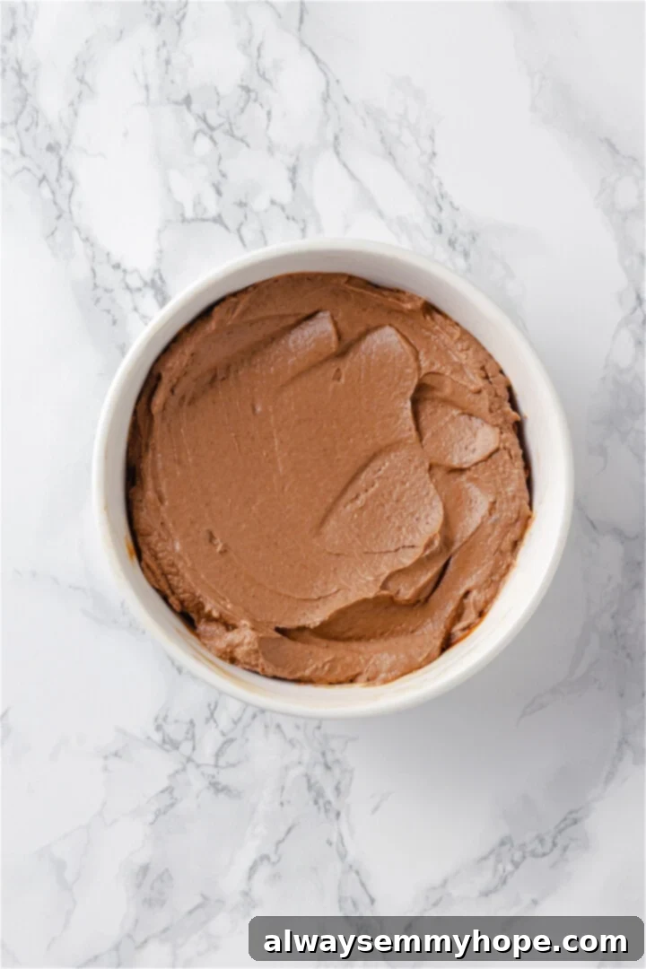 Overhead view of chocolate cheesecake mixture in bowl