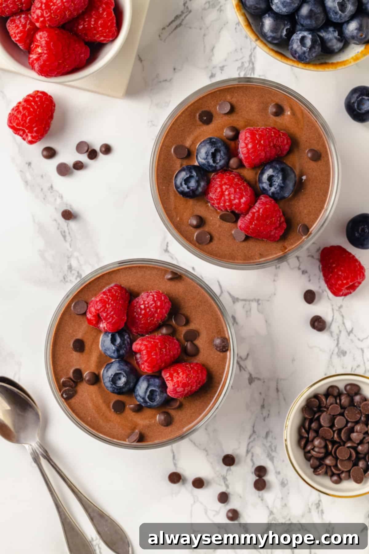 Top down view of protein pudding topped with fresh berries and chocolate chips