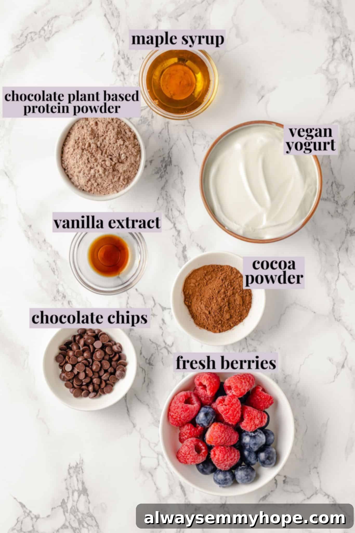 Overhead view of ingredients for protein pudding with labels