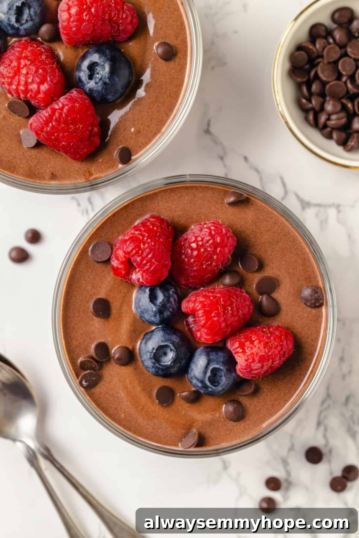Overhead view of rich chocolate protein pudding in 2 glass bowls