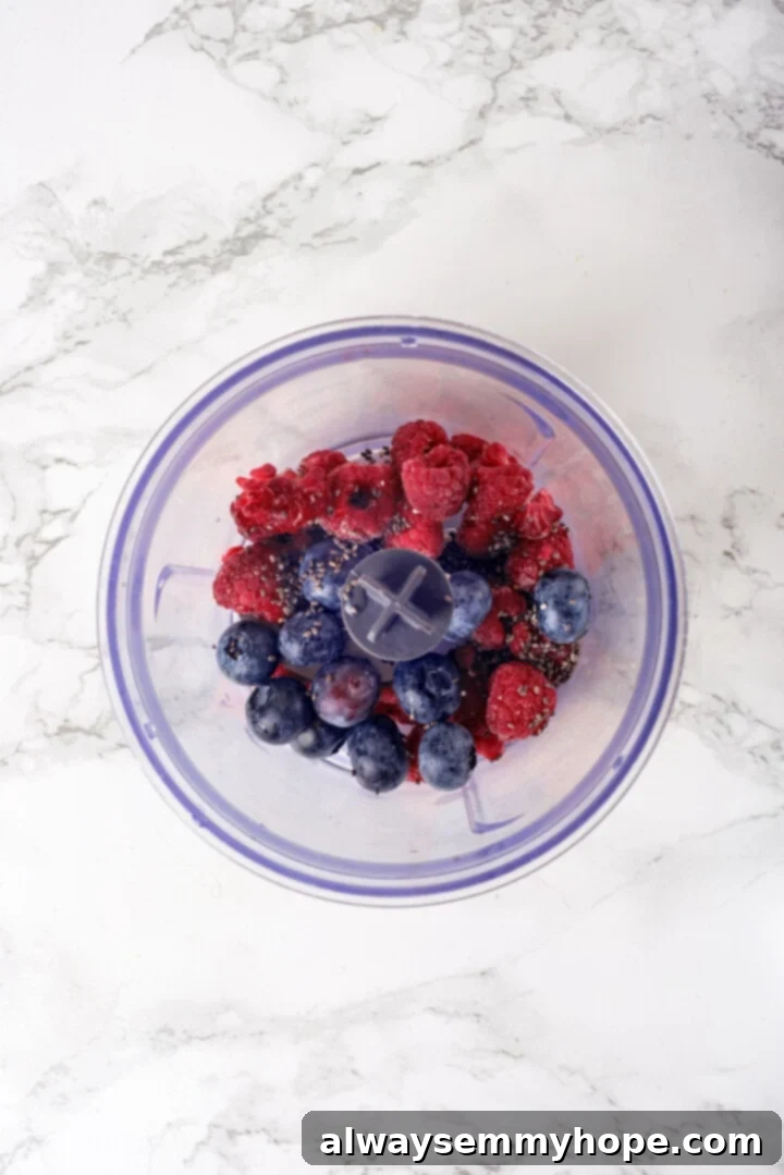 Overhead view of berries and chia seeds in a small food processor, ready to be blended for jam.
