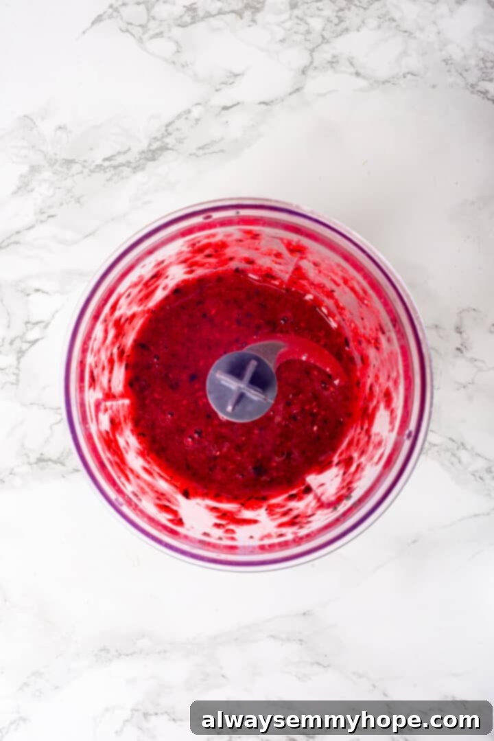Overhead view of smooth berry chia jam in a food processor, perfect for topping baby oatmeal.