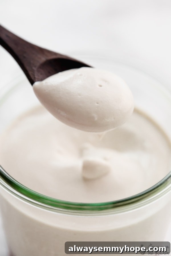Spoonful of vegan yogurt held over jar