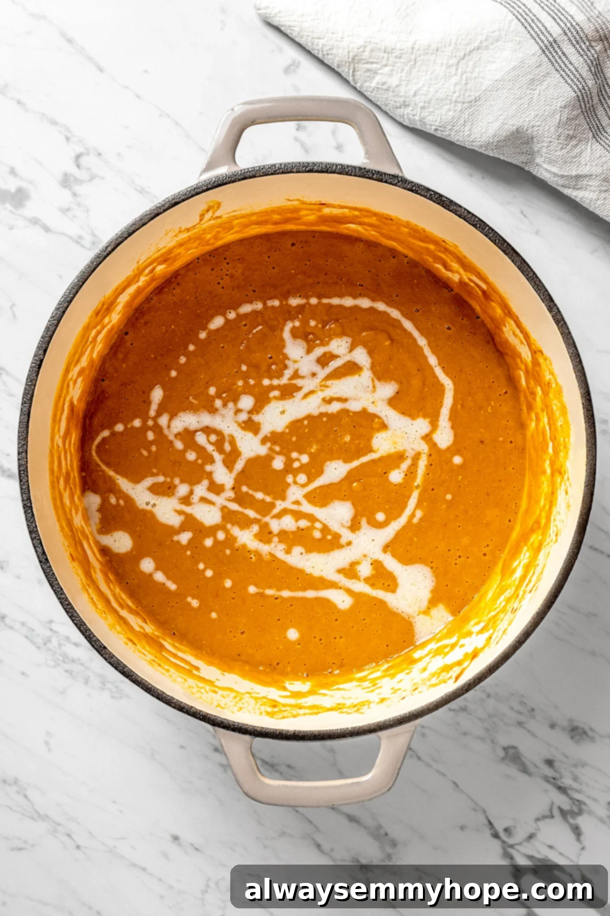 Overhead view of vegan mulligatawny in pot with coconut milk as dairy substitute