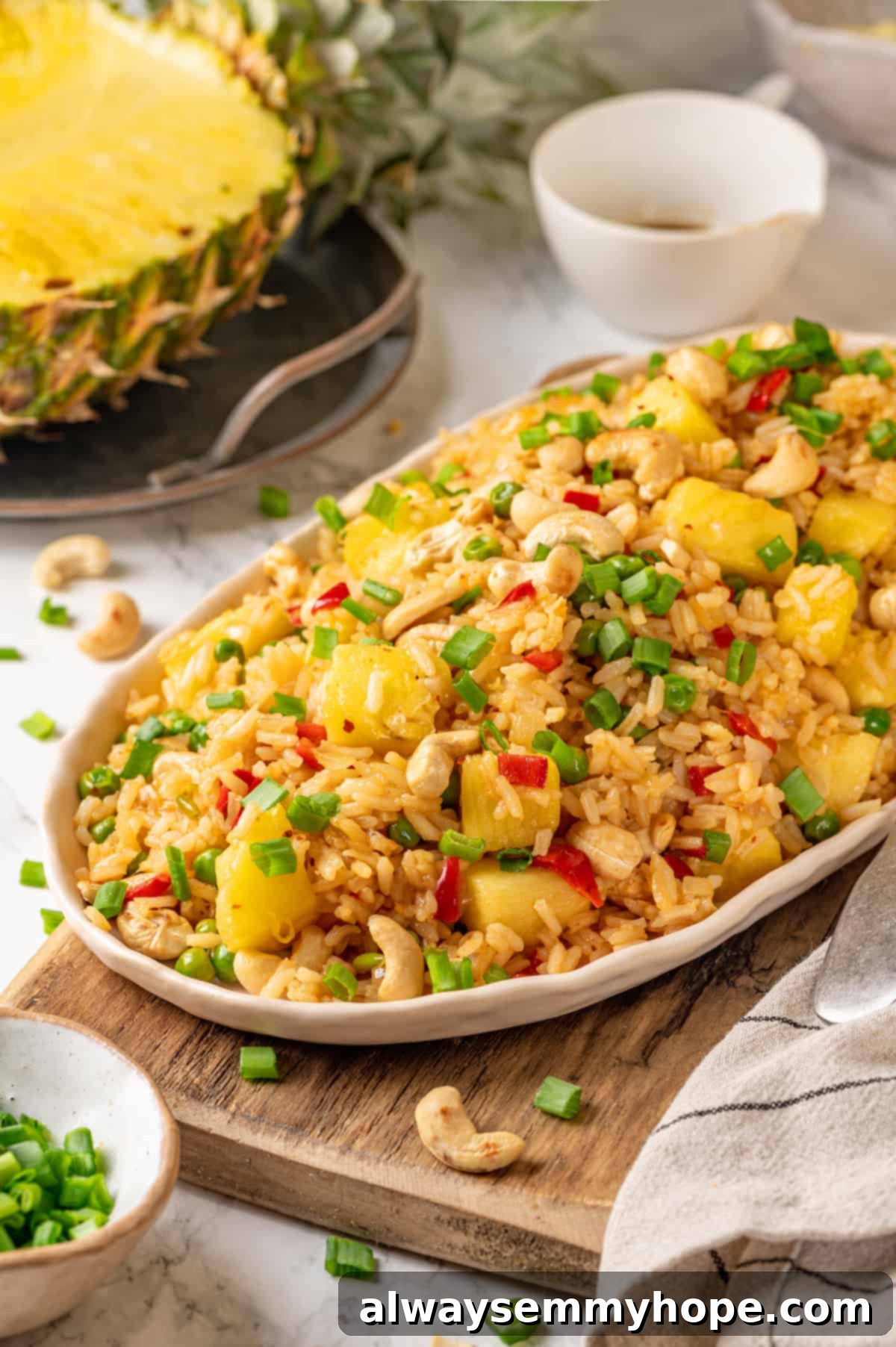 Vegan pineapple fried rice on platter