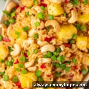 Sunshine Pineapple Fried Rice 2 Overhead view of pineapple fried rice on serving platter