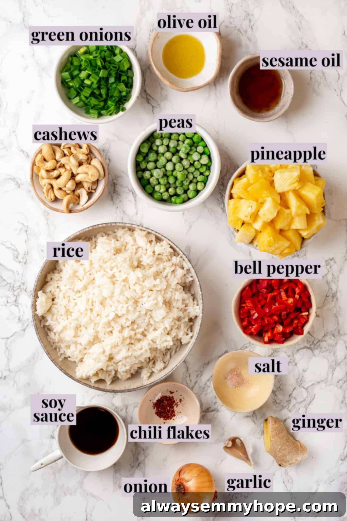 This easy homemade pineapple fried rice recipe gives you that perfect balance of sweet and salty flavour in every bite. Ready in minutes! Overhead view of ingredients for pineapple fried rice