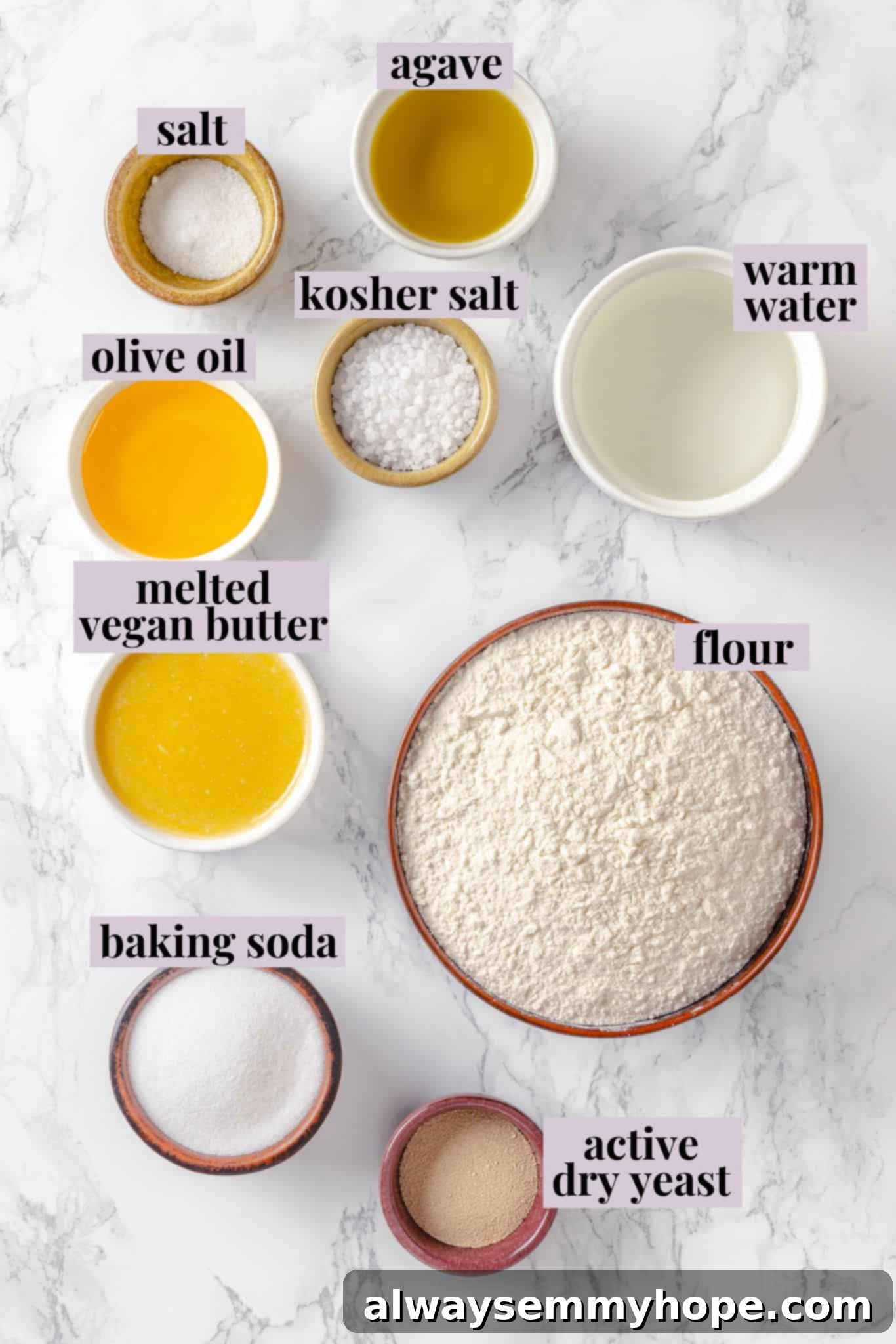 This soft pretzel recipe is fun to make and the results are outstanding—chewy, buttery, and perfect to serve with your fave dipping sauce! Overhead view of ingredients for soft pretzel recipe with labels