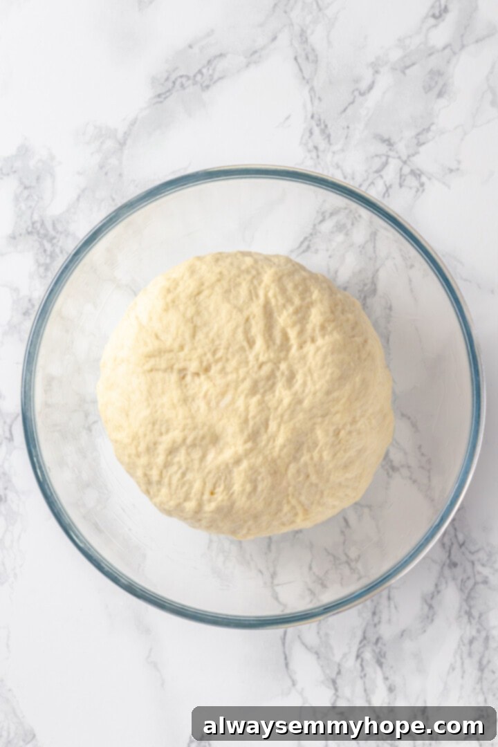 This soft pretzel recipe is fun to make and the results are outstanding—chewy, buttery, and perfect to serve with your fave dipping sauce! Overhead view of pretzel dough in bowl before rising