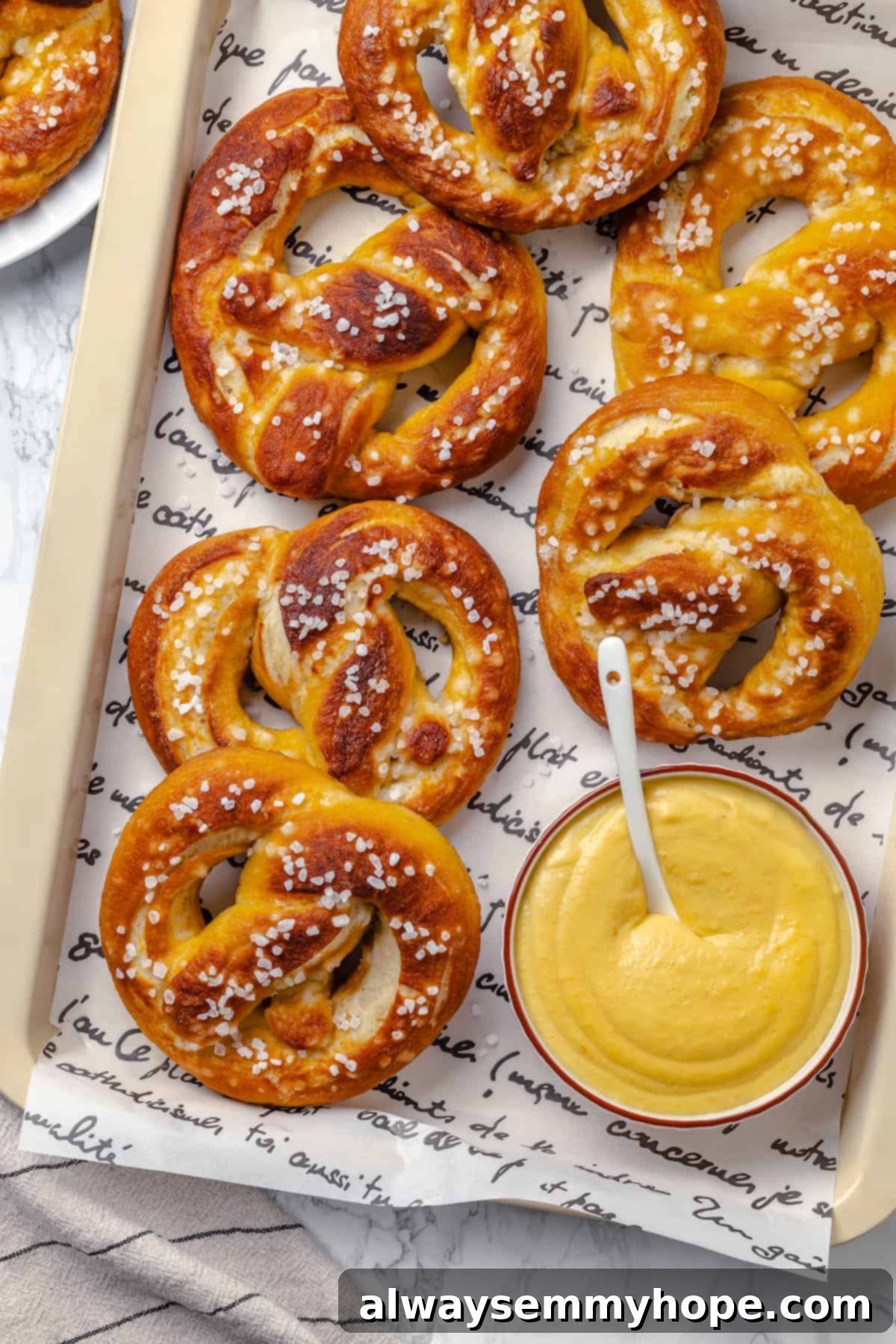 Overhead view of soft pretzels and a bowl of vegan beer cheese pretzel dip, ready to be enjoyed