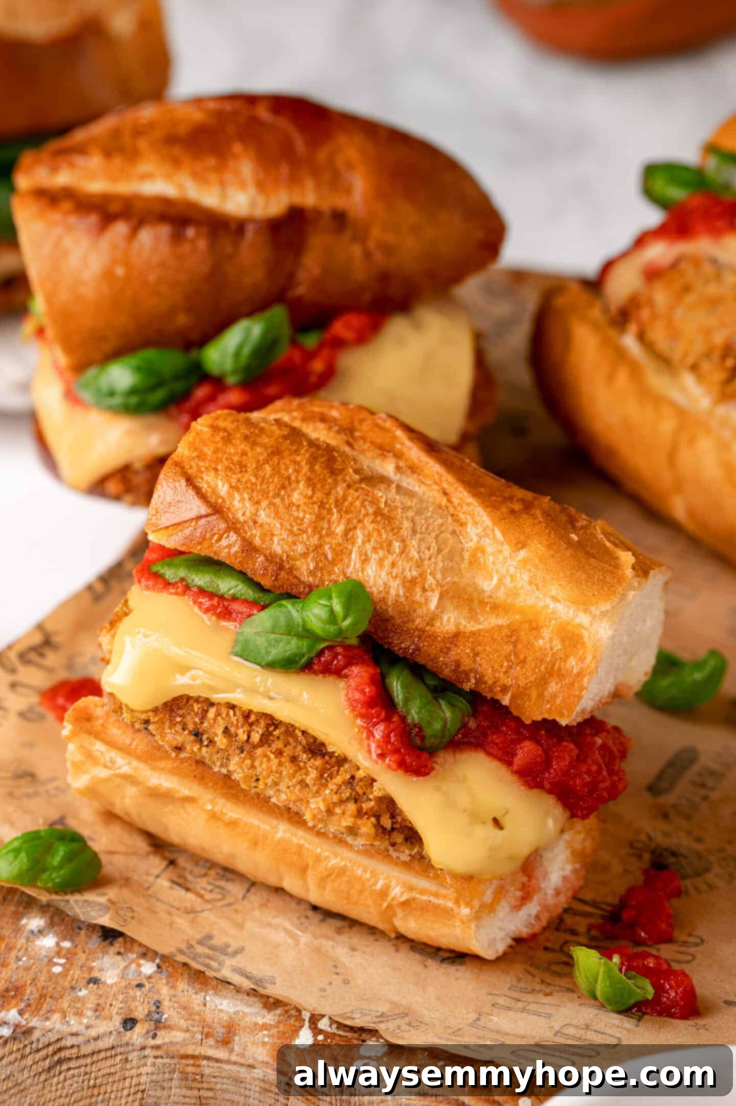 Two beautifully presented vegan chicken parm sandwiches on a wooden board, showcasing their golden crust and savory fillings.
