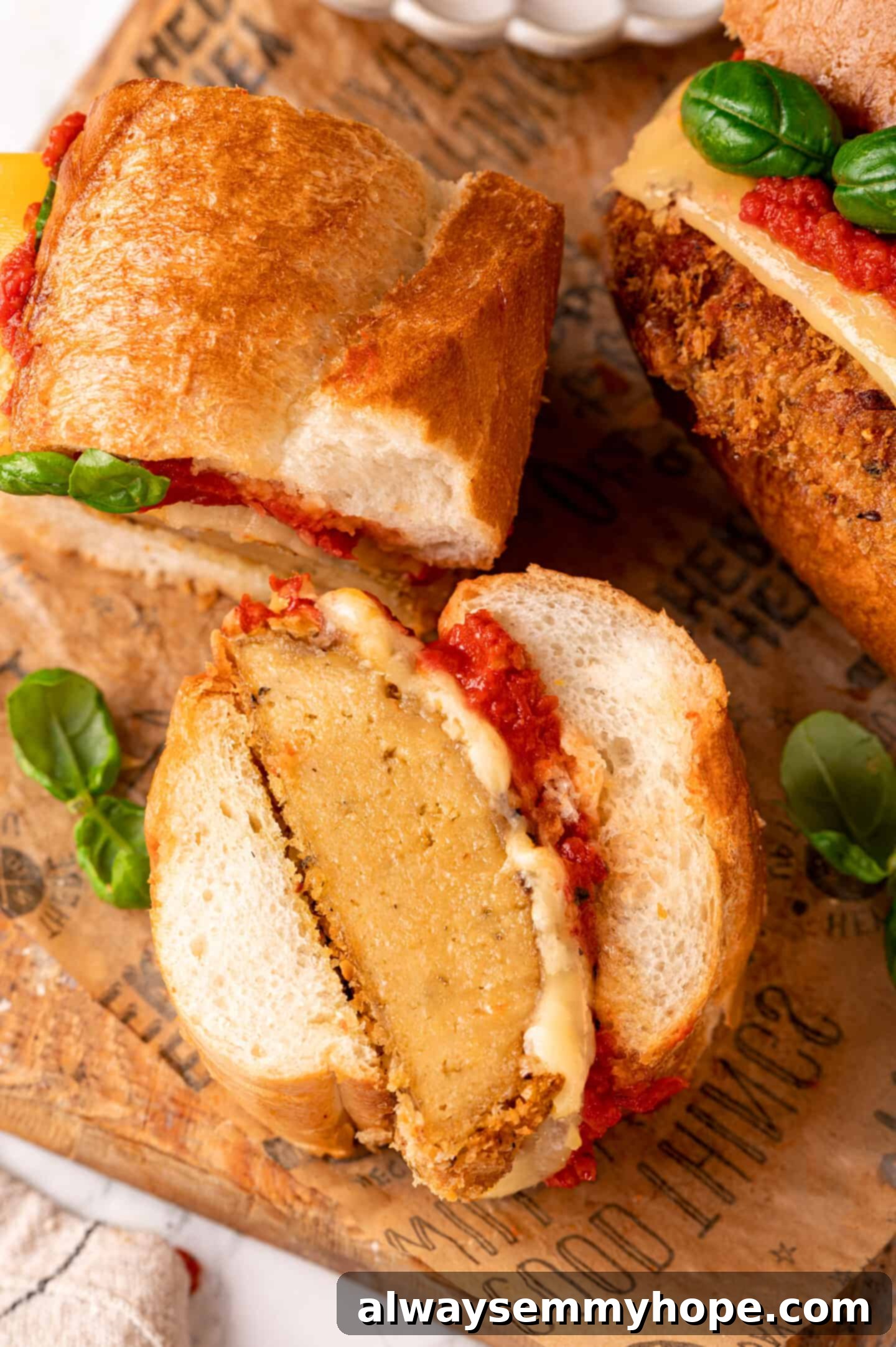 Overhead shot of several vegan chicken parm sandwiches, perfectly arranged and ready to be served, highlighting their delicious and hearty nature.