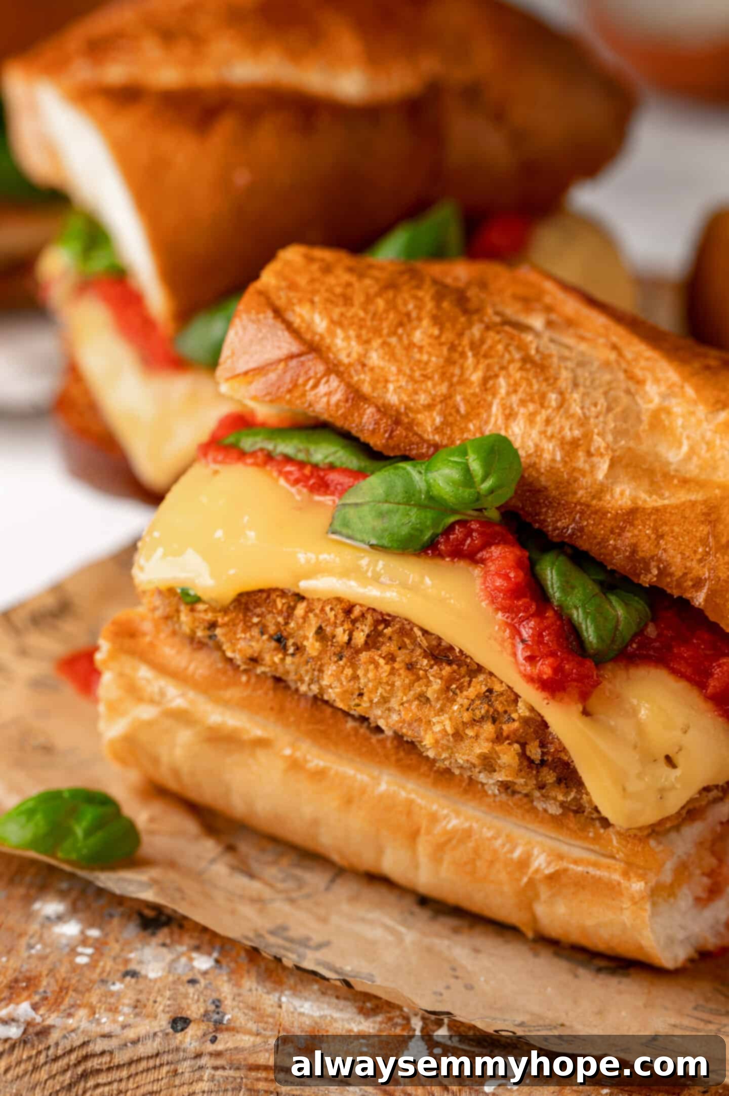 A close-up shot of a crispy vegan chicken parm sandwich, showing the interior layers of melted cheese, marinara, and fresh basil, inviting a delicious bite.
