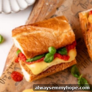 Overhead view of plant-based chicken parm sandwich
