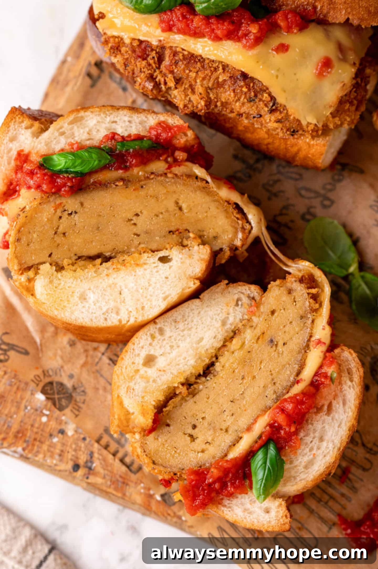 Overhead view of a beautifully assembled vegan chicken parm sandwich on a rustic wood board