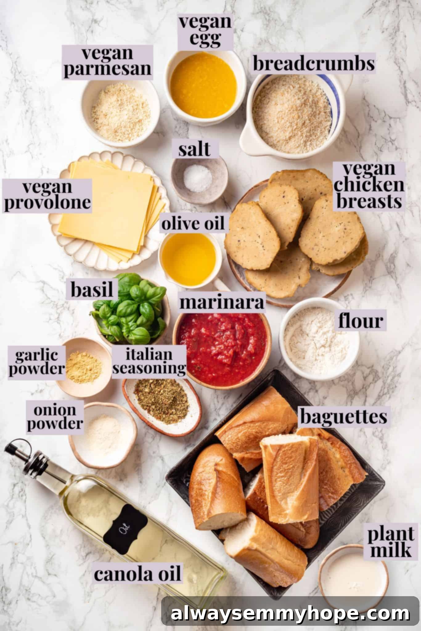 Overhead view of all ingredients for vegan chicken parm sandwich meticulously laid out with labels for easy identification