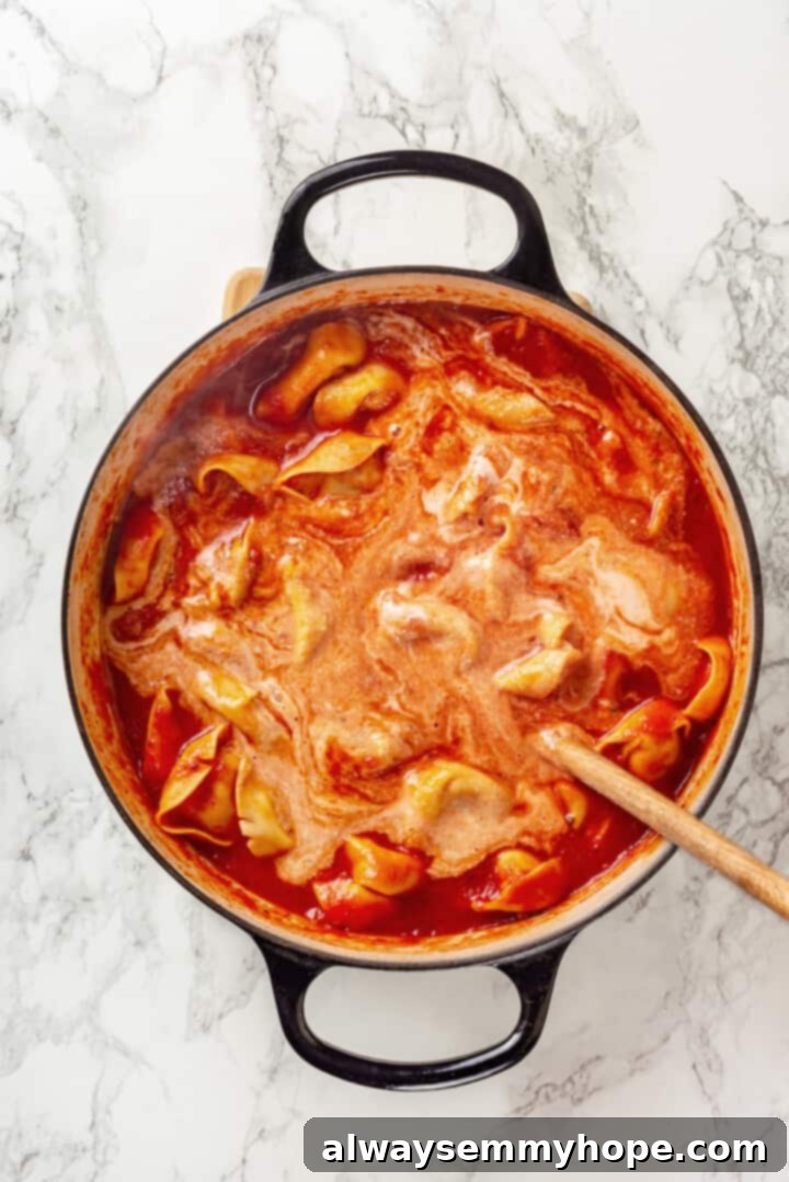 This easy tomato tortellini soup recipe is comfort food in a bowl. You’ll love the creamy tomato broth but the tortellini is the best part! Overhead view of pureed soup being stirred back into pot