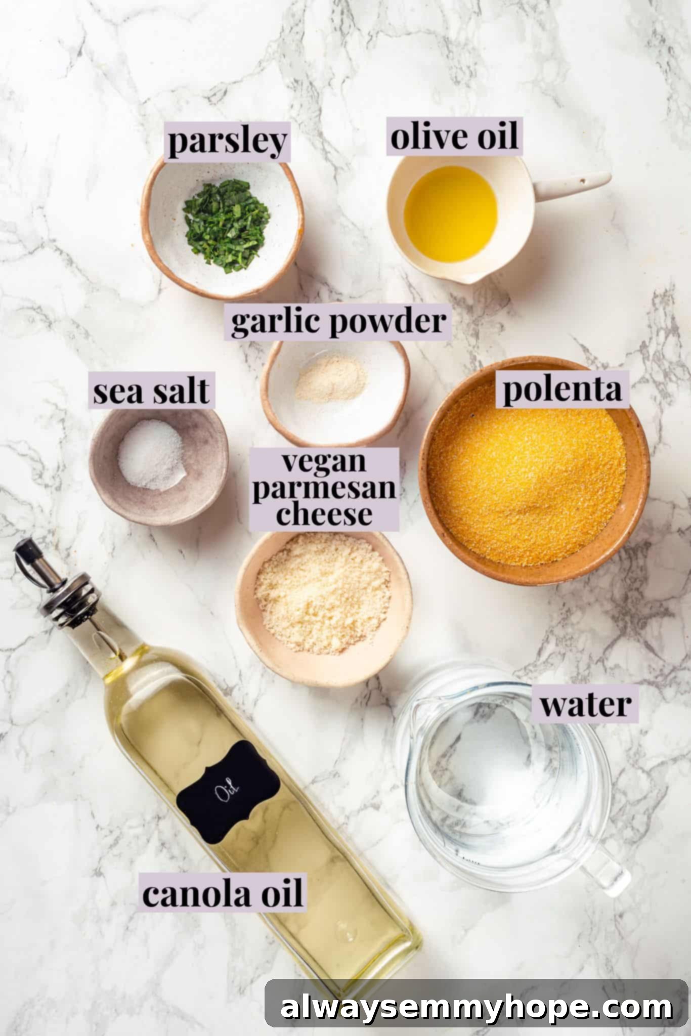 Key ingredients for homemade fried polenta including dry polenta, oils, and seasonings Overhead view of all the fresh ingredients needed for making delicious fried polenta, neatly arranged with labels