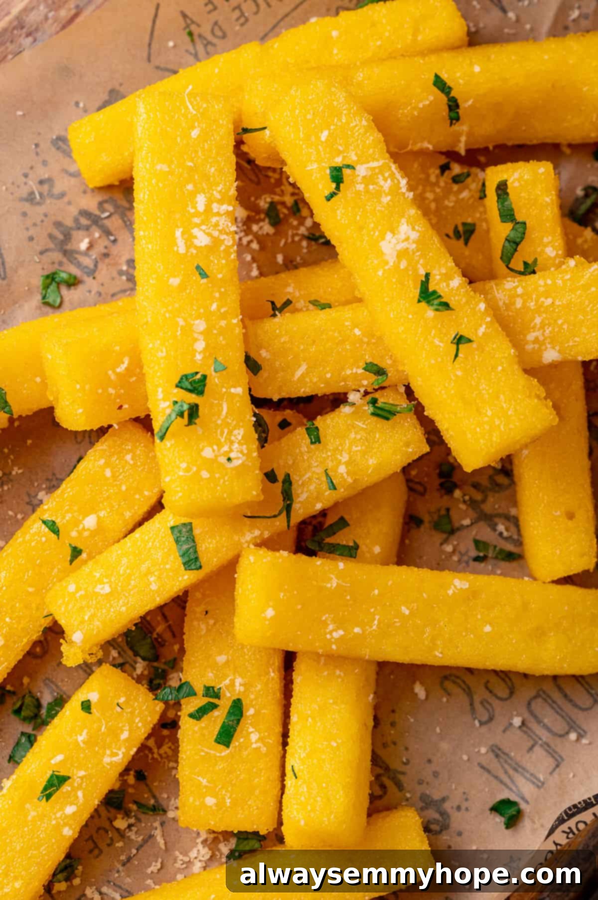 Golden and crispy fried polenta fries ready to be served Overhead view of perfectly crispy, golden fried polenta sticks arranged on parchment paper