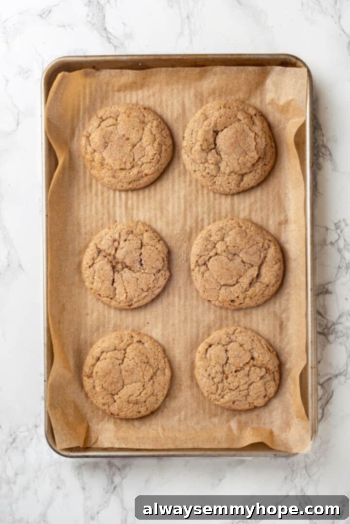 Overhead view of freshly baked vegan chai sugar cookies on a sheet pan, showing lightly browned edges