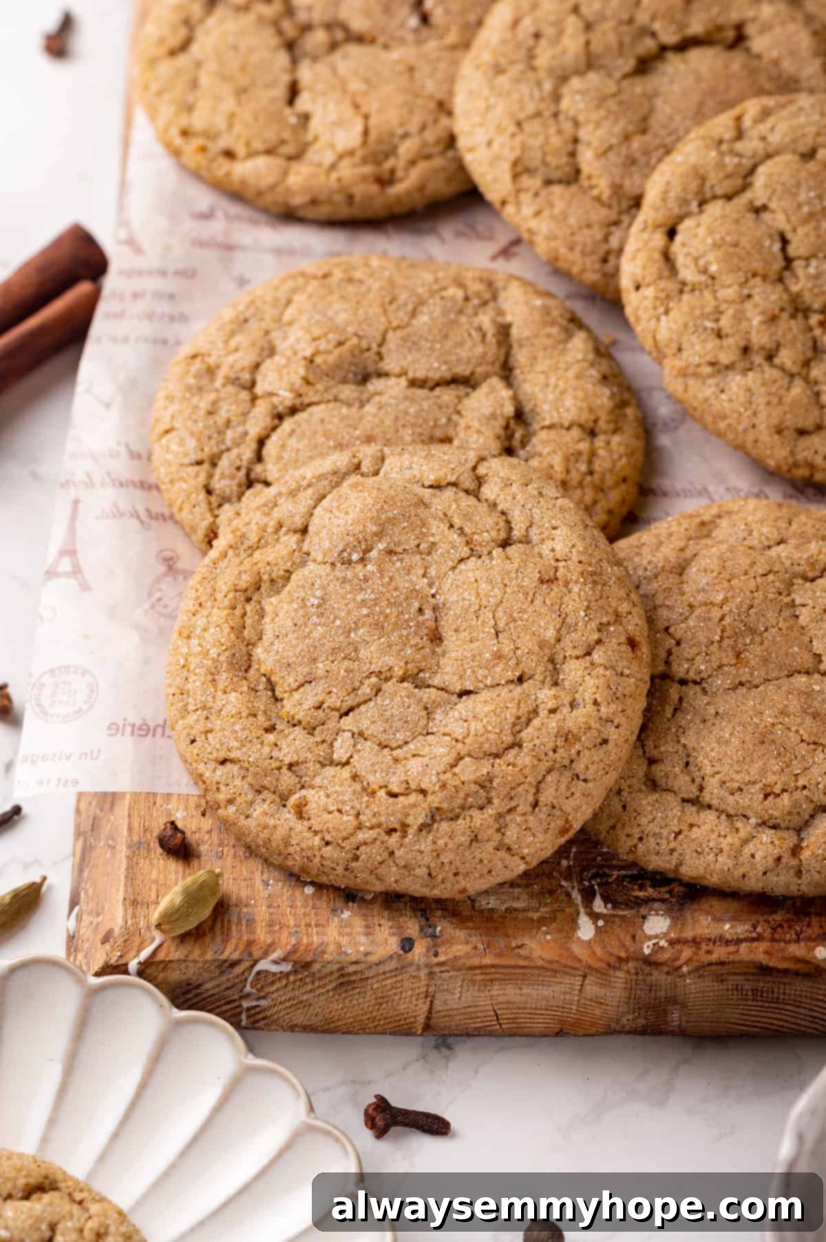 Wooden board showcasing perfectly baked vegan chai sugar cookies