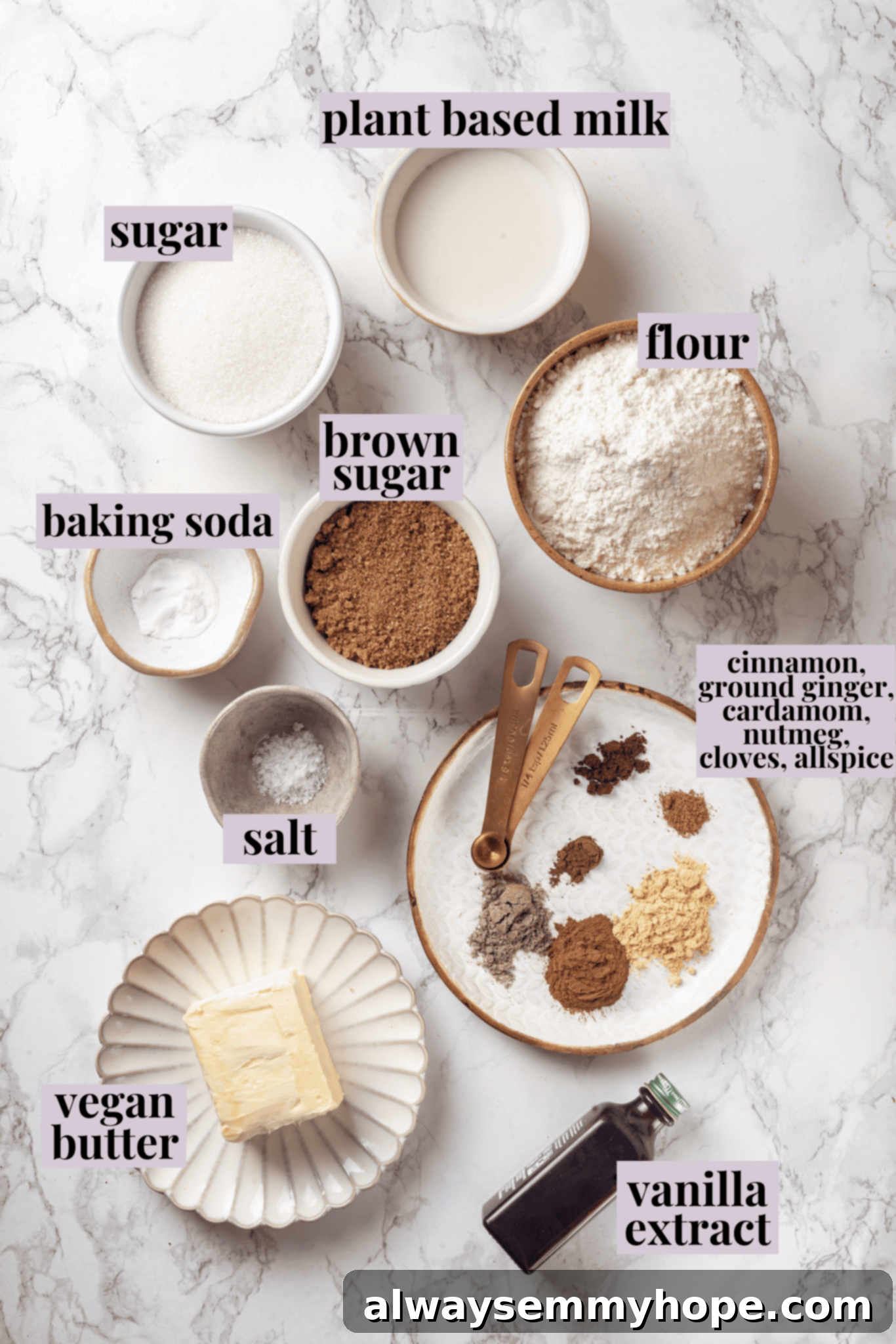 Overhead view of essential ingredients neatly arranged for vegan chai sugar cookies recipe