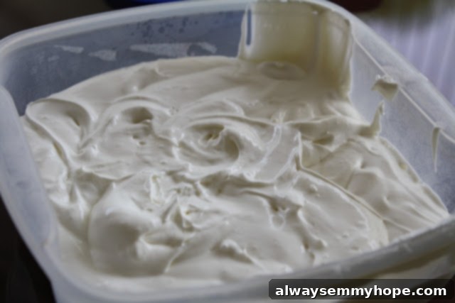 Cream cheese frosting in a plastic container, showcasing its creamy texture.