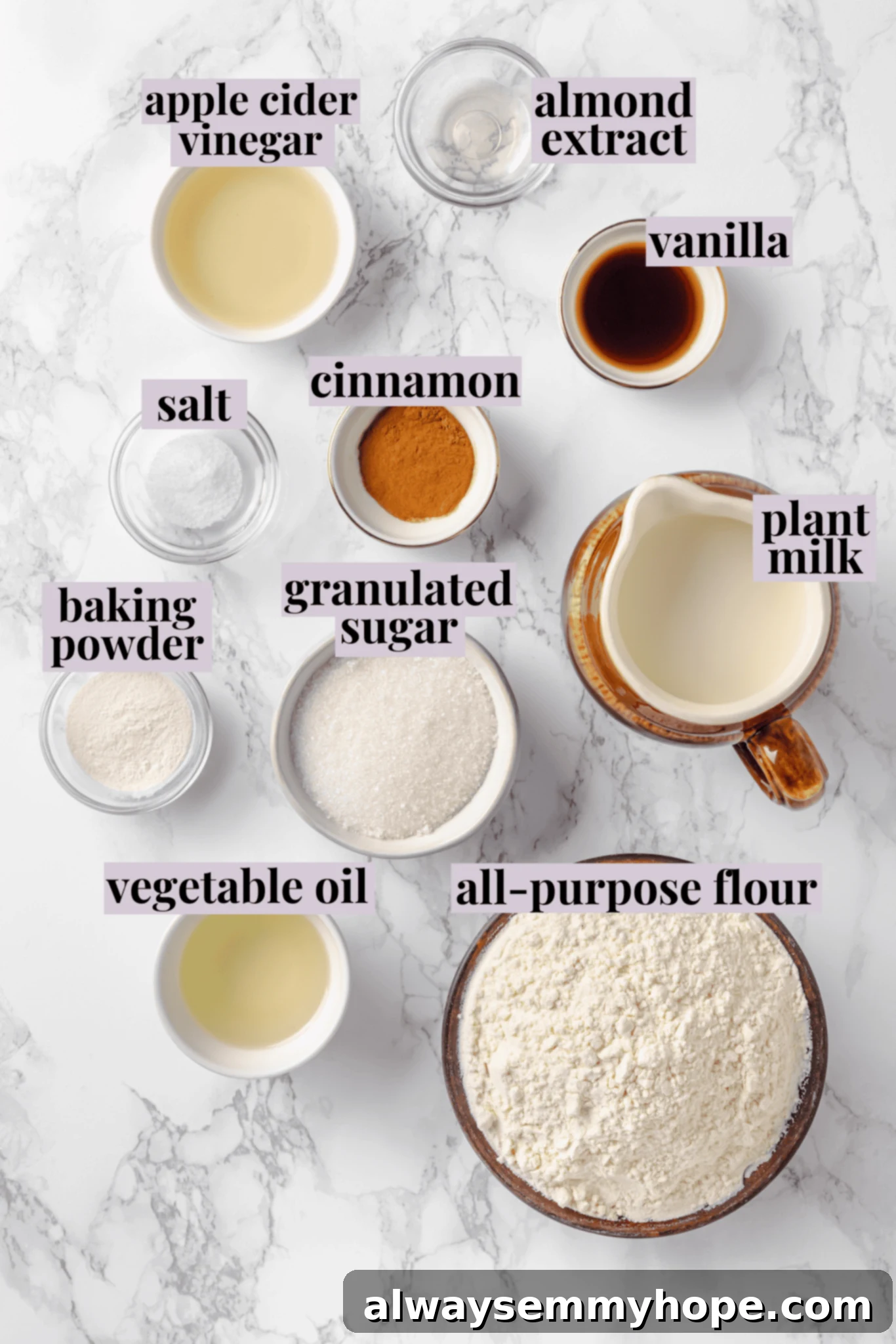 Overhead view of ingredients for silver dollar pancakes with labels