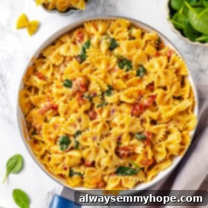 Mediterranean Sun-Kissed Pasta 2 Overhead view of sun-dried tomato pasta with spinach in a skillet, ready to serve.