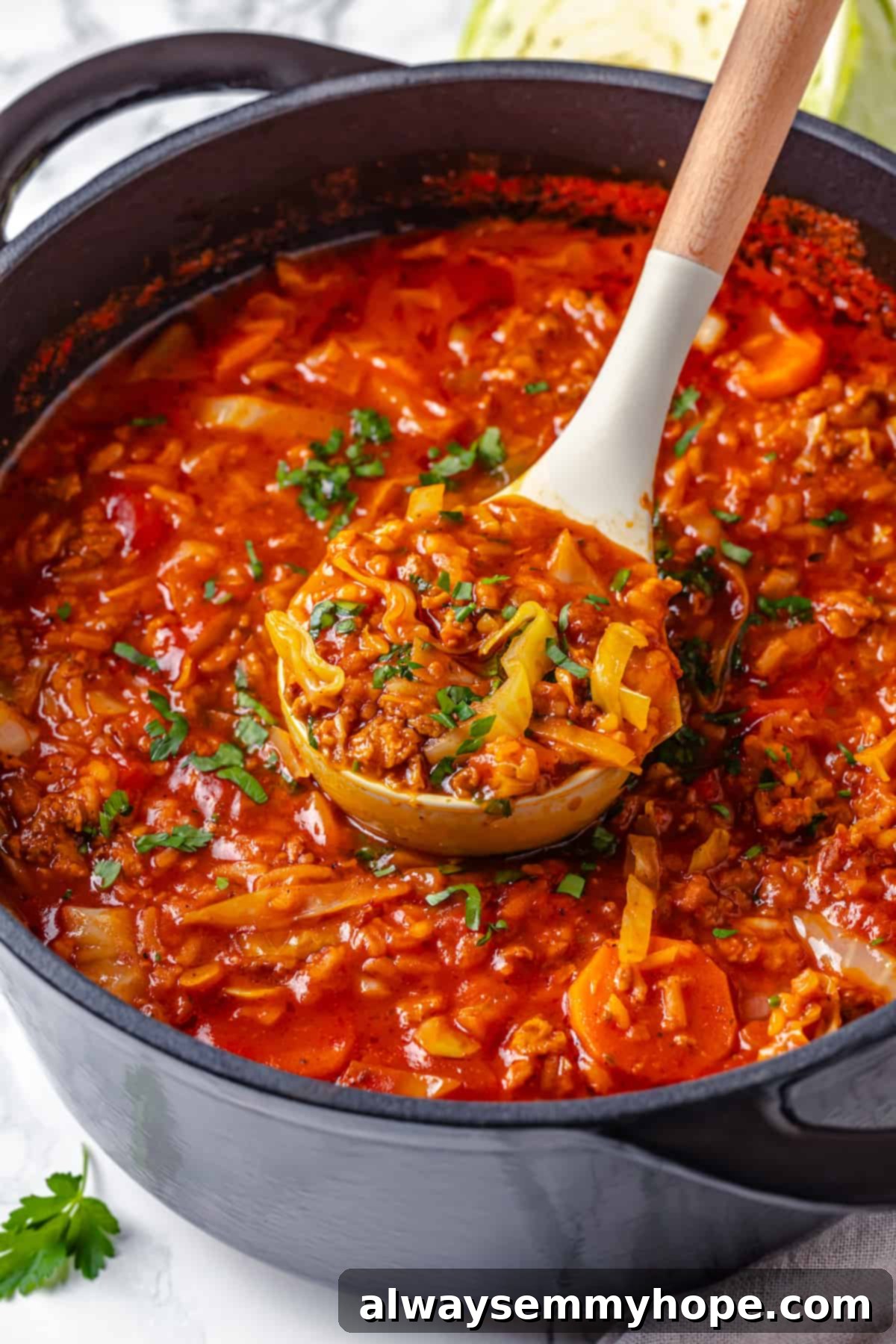 Satisfying cabbage roll soup is a filling meal in a bowl! Skip all the work and enjoy your cabbage rolls in the form of a hearty soup recipe. A ladle serving a generous portion of vegan cabbage roll soup directly from a large pot.